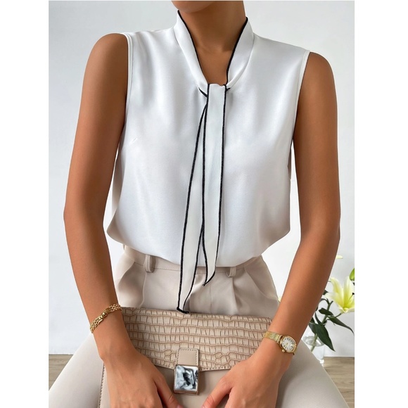 White Blouse Black Trim Tie Front Neck Sleeveless Blouse Office Top Shirt - Picture 5 of 11